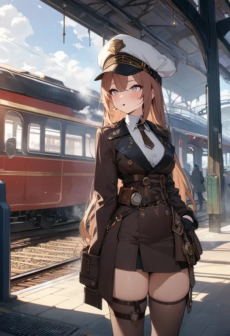 1 girl,  Pilot Cap ,   Alone,   steam punk, Train Station,  , steam, cigarette, masterpiece, Very detailed,High resolution,8k resolution, Best Quality,