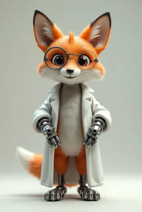 Generate a robot fox, Now with a monocle, Excited. Now put on a lab coat similar to the image above.