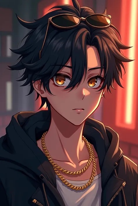 1 male high school student, Golden eyes, strong contrast, masterpiece, highest quality, rapper, sunglasses, Gold necklace, white boy, anime character 