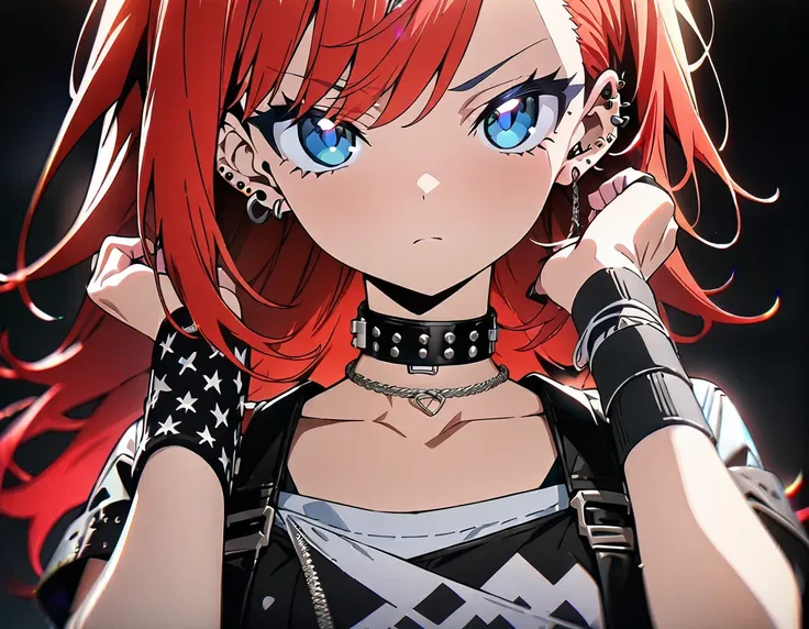 (((masterpiece,Highest quality))),((Anime girl with short red hair and blue eyes)),((Black Background)),(((Black and white punk fashion,Wristbands,Choker,Multiple Piercings))),Only one person,Focus on the upper body,from the front,(high quality),anime