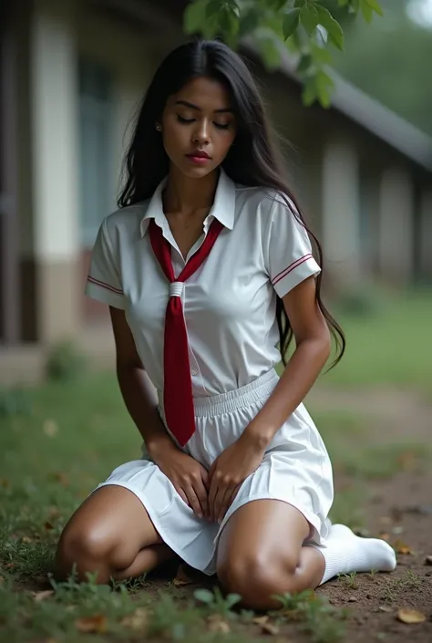 Masterpiece all details mentioned here, 1girl, , Sri-lankan secondary school girl, white tight school uniform gown, small red tie, white socks, white underwear, upskirt view, realistic photo, holding crotch,squirming,bursting bladder,on all fours,wetting p...