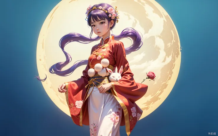 this photo is an illustration in traditional art style.. the main character is a girl dressed in classical chinese clothing., re...