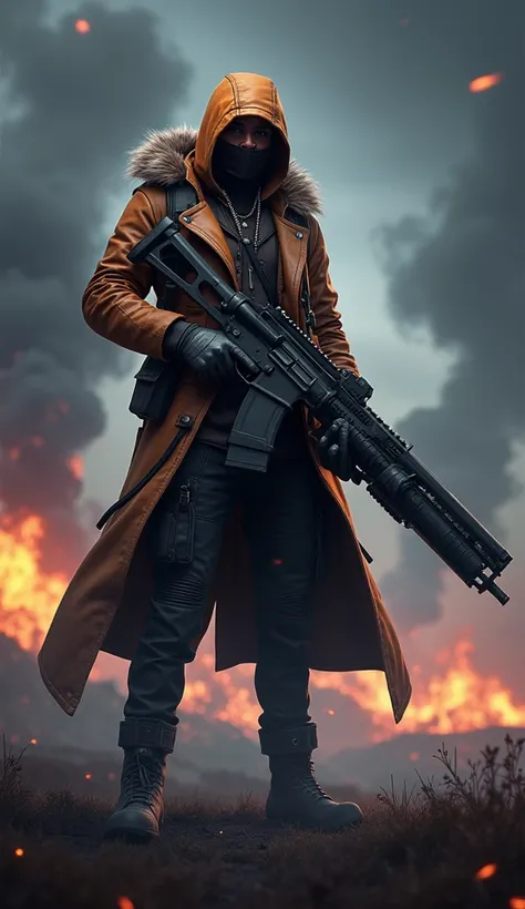 Freefire Game Character Design with Dynamic Elements
Description:
 Create Freefire Game character DJ-Alok depicted in a dramatic setting featuring a background of black horror field. The character is holding a large, powerful firearm, emphasizing their rol...