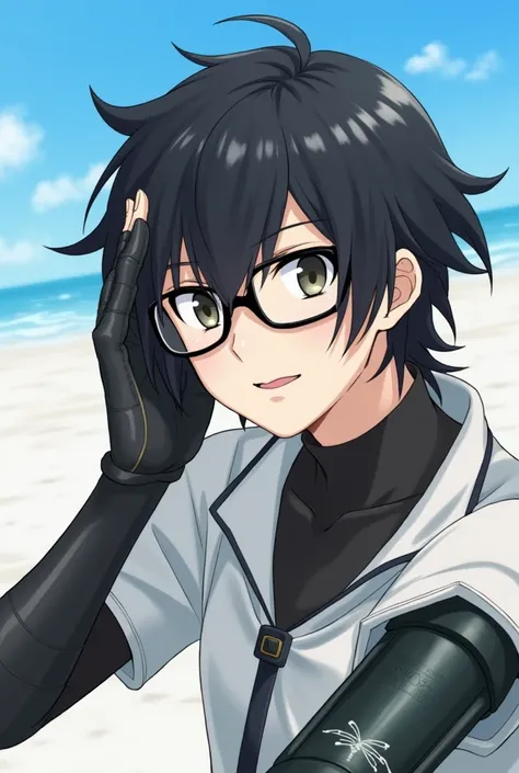 profile photo,medium black hair,White background with blue sky,focused on the face,Hand on head Gloves,Mechanical left arm and black glasses on forehead,anime style,man