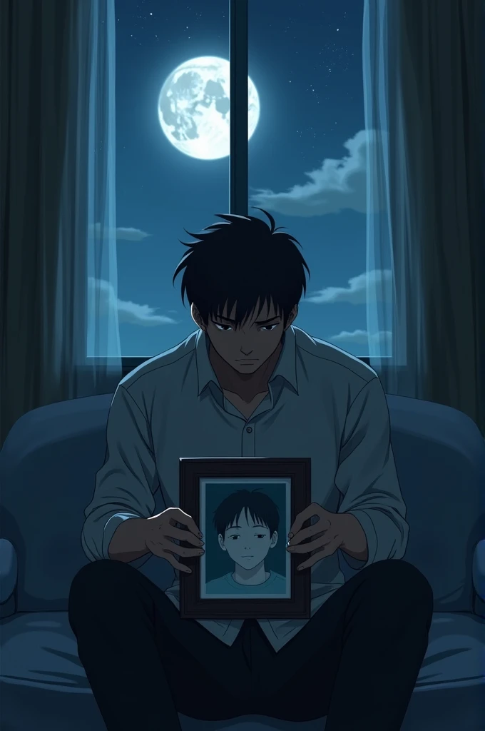 Sad picture father birthday of dead child at night anime style acrylic 
