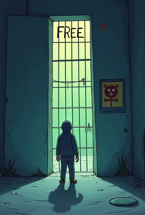 A prison with a “free” sign on the door, but with a figure still inside.
cartoon

