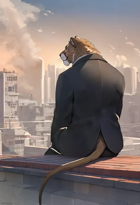 Smilodon，Anthropomorphism，Mature male，Strong，Scars on the face，pupil，Black suit，Sitting on the rooftop，The Age of Steam，Unfinished building rooftop，Creative perspective。