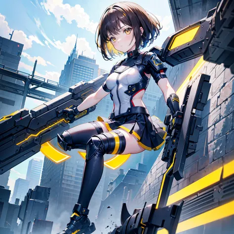 brunette color hair，short detailed hair，By bangs，Yellow eyes，adolable，teens girl，Tech armor has skirts，arm，Laser sword in hand，frontage，frontal photos，full-body photo on the front，All body，Background city，with blue sky and white clouds