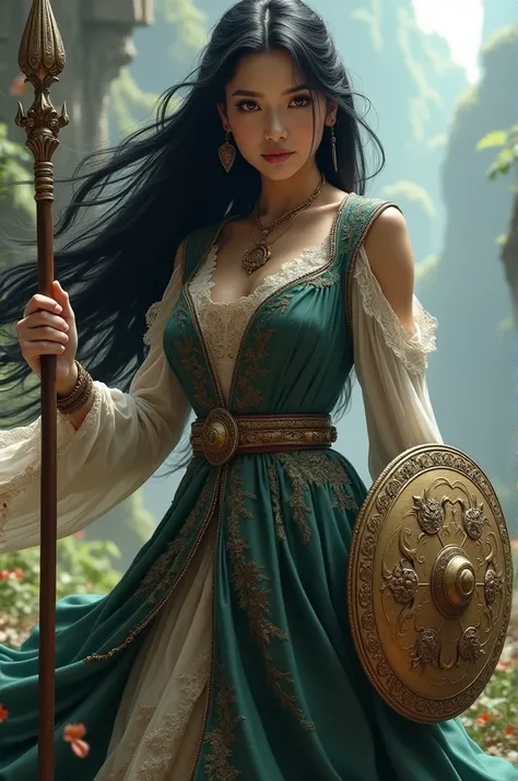 Black haired woman, with an ancient dress and a pencil-shaped spear and a notebook as an animated shield