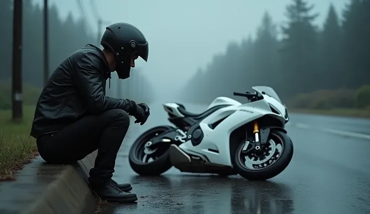 Leon is sitting with pain on the side of the road with his helmet on watching his white sport-motorcycle fall in the rain.