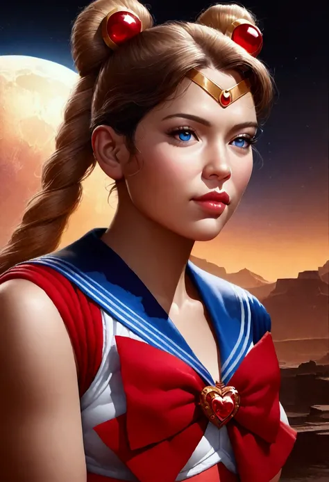 a beautiful detailed young woman in a sailor moon outfit, stunning detailed face, piercing blue eyes, long eyelashes, detailed facial features, beautiful lips, intricate blonde hairstyle, detailed sailor moon costume with ribbons and bows, photorealistic, ...