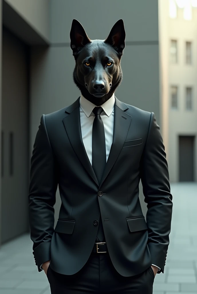 A man in a suit with a dog mask 

