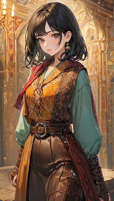 (Black Hair), Multi-coloured patterned clothing, Colorful clothing, Female Adventurer, Game Art Style, (Masterpiece 1:5),  Colorful clothing 1:2, Medium Cut, Dark brown hair, skinny, , Black eyes, scarf, Leather Belt, A half skirt over pants and boots, A l...