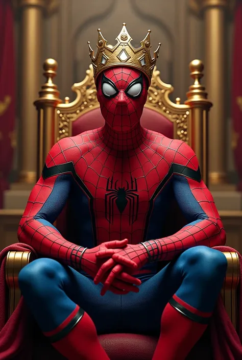 An spider man  who has a crown made of gold on his forehead and the spider man  is sitting in a kings chair, his background is quite glorious and he is sitting in this position as if he is giving orders to someone.
