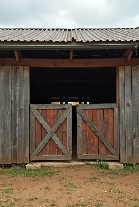 A large horizontal shed divided in two by boards with two doors for breeding.