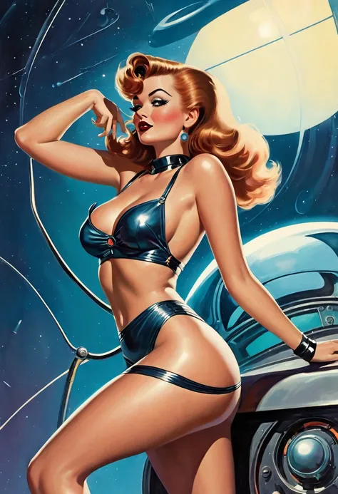 Artwork of sexy pin-up, pulp cover, (((pin-up))), 80s pulp style, Atompunk illustation, "Say my name, say my name, when no one is around you.", retro-futuristic, atomic age aesthetics, sleek lines, metallic textures, futuristic technology, optimism, energy...