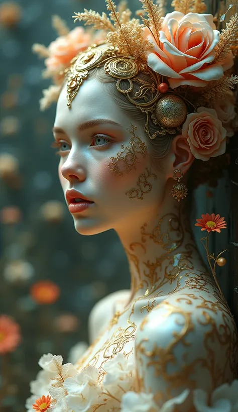 a beautiful woman, made of typographic characters, printing machine parts, fairy-tale atmosphere, (best quality,4k,8k,highres,masterpiece:1.2),ultra-detailed,(realistic,photorealistic,photo-realistic:1.37),digital art, surreal, soft lighting, intricate det...