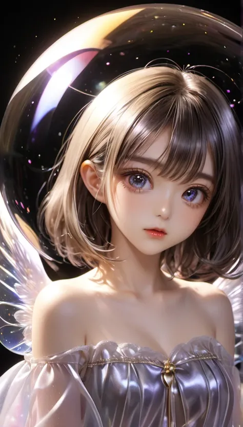 In a golden transparent glass bubble, Dark Star Background, 赤いheartを持つ美しいピンク髪の20歳の天使, k resolution super detailed,Angel Halo, Bust Up,Facing forward,heart,Gaze, Odd Eye,heart型のヘアアクセサリー, 