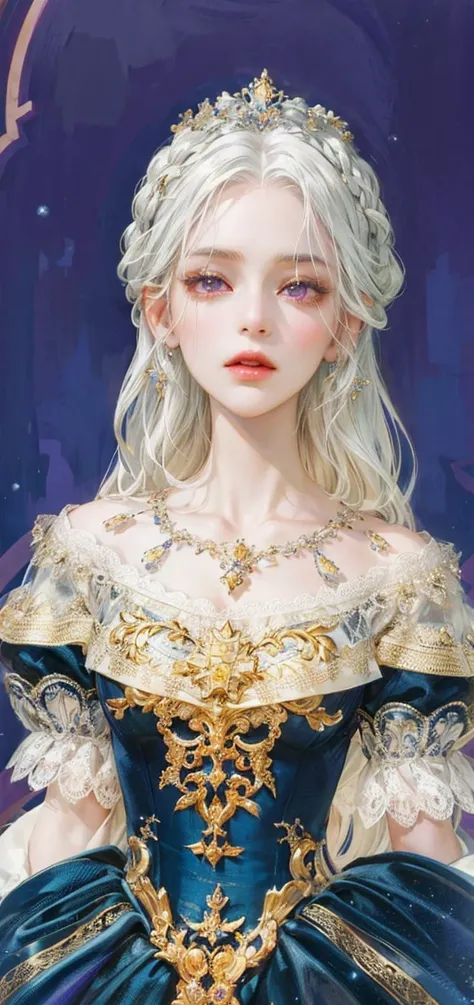 (masterpiece, top quality, best quality, official art, enchanting and aesthetic:1.2), 1female, white silver hair, royal braided hair, violet eyes, white and red dress, red and gold jewelry, high quality details, 4k eyes, white hair, silver white hair, long...