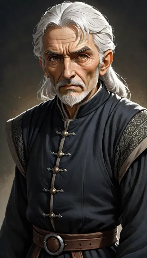 waist-length portrait, Best quality, masterpiece, contrasting light, best light and shadows, rich colors of the image, 2D illustration, empty background, front view, dark-colored clothing in medieval fantasy style, male character, elderly character, tall a...