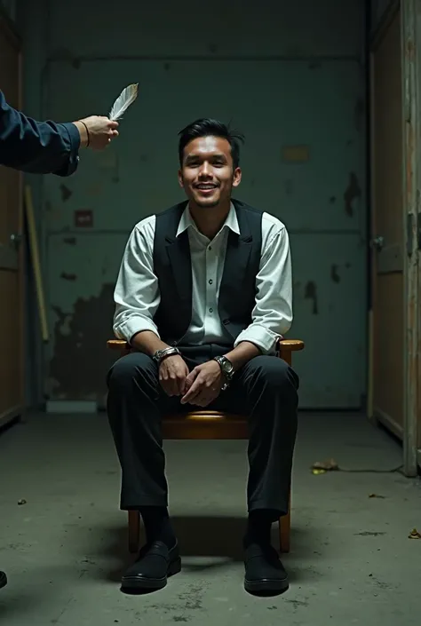 Zarul,21 yo malay,formal oufit,on a woodenchair, in abondon warehouse,shoesless,wearing  black sock shoes remove beside the chair,laugh hardly,hand handcuff,A kidnapper Name Ikmal point a feather at Zarul’s feet