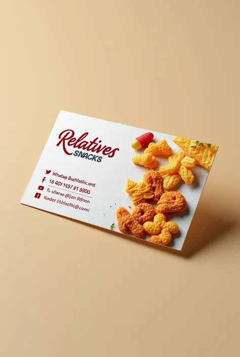 Create a business card 90 x 48 mm Relatives snacks whatsapp 38 98411-6940 Realistic, add snacks and make the front card 
