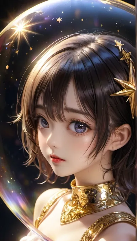 In a golden transparent glass bubble, Dark Star Background, 赤いheartを持つ美しブロンド髪の20歳の天使, k resolution super detailed,Angel Halo, Bust Up,Facing forward,heart,Gaze, Odd Eye,heart型のヘアアクセサリー, 