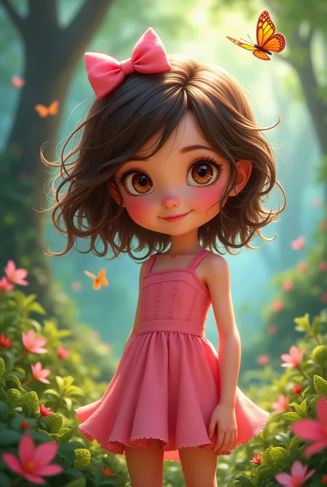 Disney pixar style poster.  girl with white skin color , messy wavy brown hair , big brown eyes pink lips , short size with a pink dress and a pink bow in the background a colorful forest with butterflies , Shrubs, and colorful flowers 