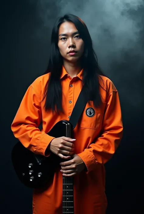 realistic photography. Young man with an Indonesian face. long straight hair. wearing an orange jumpsuit with the SLIPKNOT logo with a sharp gaze. holding a black Fender guitar. in a studio with a black background full of smoke. Ultra-realistic 8K photos, ...