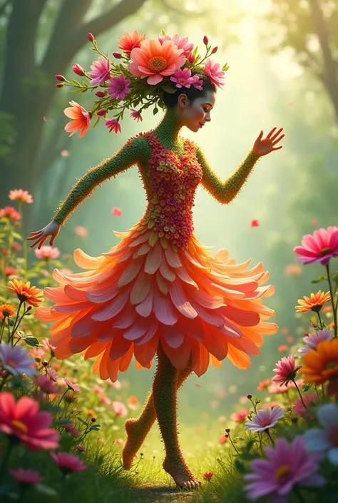 A person made of a flower whose figure is bright and crisp is dancing in a garden in light and warm