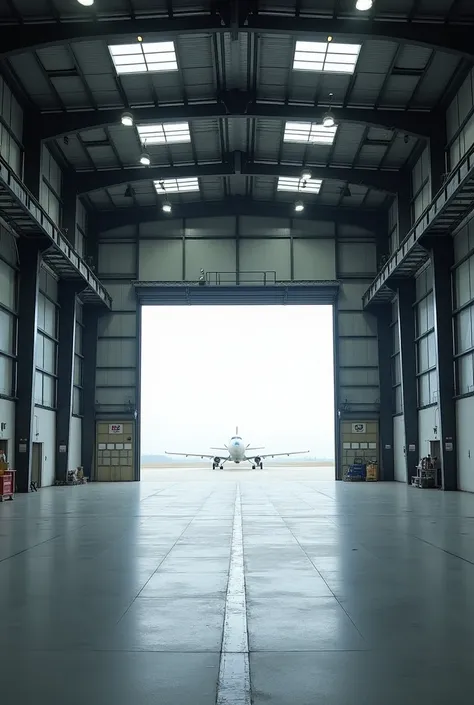 Interior of a hangar divided by a partition with two entrances