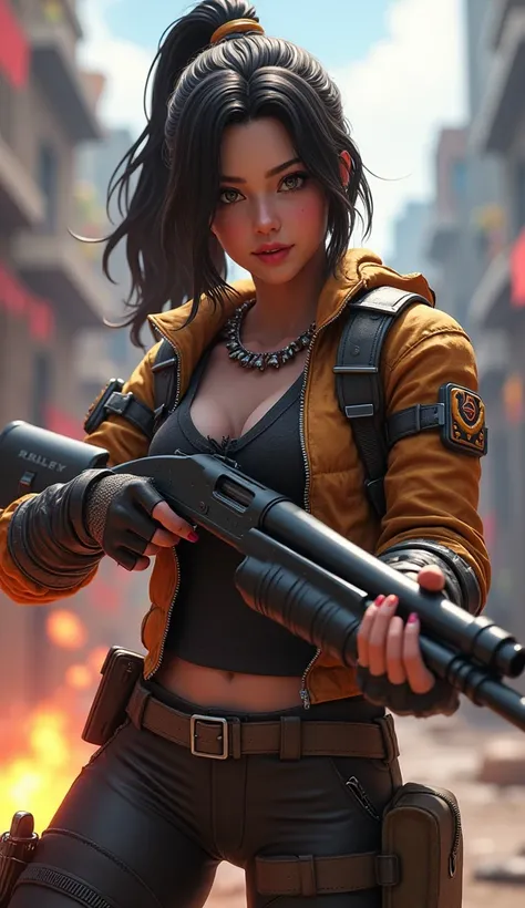 Freefire game character Kelly wearing season 1 bundle holding a shotgun in hand. Image should contain Freefire game. Mythic art, high quality, 8k