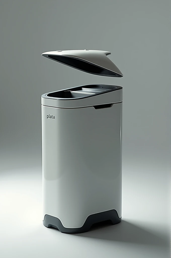 A technological trash can, but without buttons on the outside, with two internal compartments, Plata, that separates the garbage by itself and is a little thick in construction