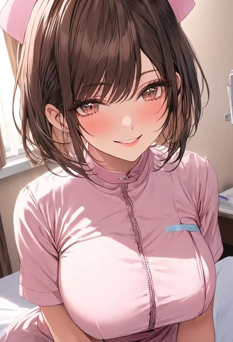 ((Best Quality)), ((masterpiece)), (detailed), (One girl), Sexy, height１６８Busty housewife with black hair and a bust of 100cm, Mature Woman, (((Dark brown short cut))), Mature Woman, A mother with watery eyes, Nurse in the hospital room, Gentle droopy eyes...