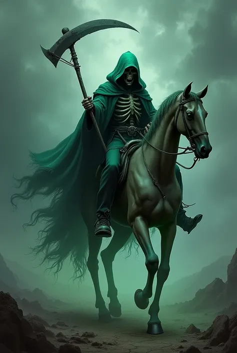 grim reaper, riding a ghost rider horse, ghost rider zombie horse, wearing a green cloak, holding a scythe, scary scene of death
