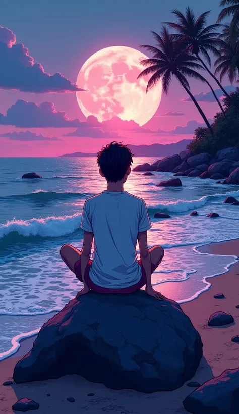 anime illustration of a guy sitting on a rock looking out at the ocean, looking out at the ocean, looking at the ocean, gazing at the water GTA Vice City style, night vibe, 80s, Hawaii, retro comic style illustration(back view)(little purple vibe)
