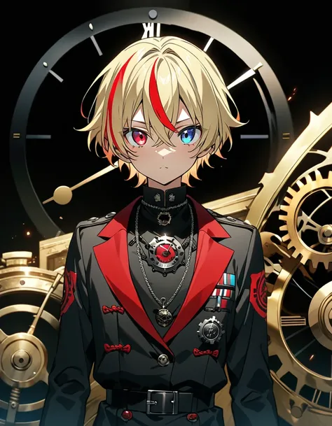 (((masterpiece,Highest quality))),((Androgynous anime male with short hair in black military uniform)),((Androgynous but male)),(((Visual kei))),(((red and blonde streaked hair))),highlights hair,((Blue and red heterochromia)),((Black Background)),(((Clock...