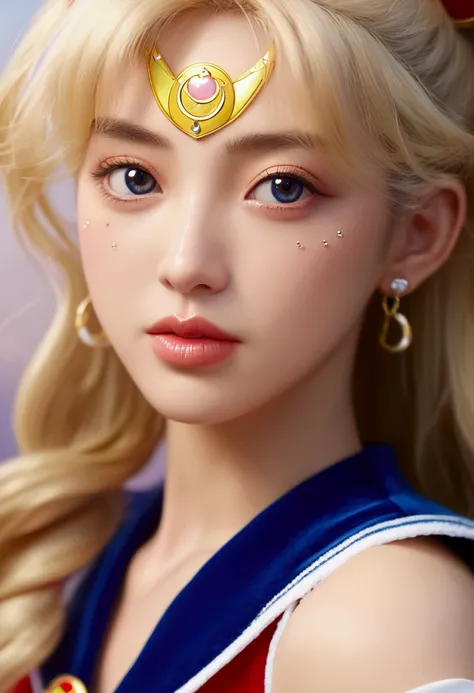 a beautiful detailed young woman in a sailor moon outfit, stunning detailed face, piercing blue eyes, long eyelashes, detailed facial features, beautiful lips, intricate blonde hairstyle, detailed sailor moon costume with ribbons and bows, photorealistic, ...