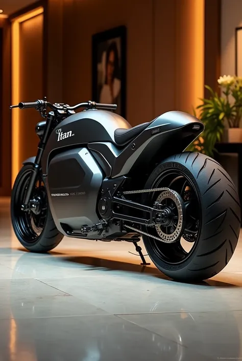 A side profile of the Titan Thunderbolt XH-9000, featuring its streamlined design, large battery pack, and thick tires built for durability. The bike’s long frame and ergonomic seat are visible, along with the branding "Titan Thunderbolt" written along the...