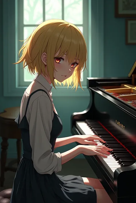 best quality, 8k, anime girl elegant play piano, wolfcut yellow hair, psychopath, bloody