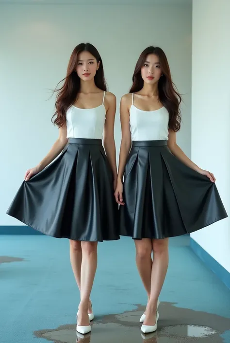 Two beautiful lady, asian, Japanese,
Long hair, 
Medium height, same clothes,
Carrying out a black leather long skirt in front of white wall in an office with light blue carpet,
Wearing a white camisole,
Wearing a shiny black leather big a-line full circle...