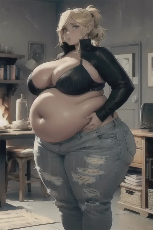 (Best quality), (high resolution), (detailed),1woman, curvy lady, blonde girl, shocked face, looking at her body, jeans, fleece, chubby belly, baggy jeans, black fleece, giant belly, possesed by demon