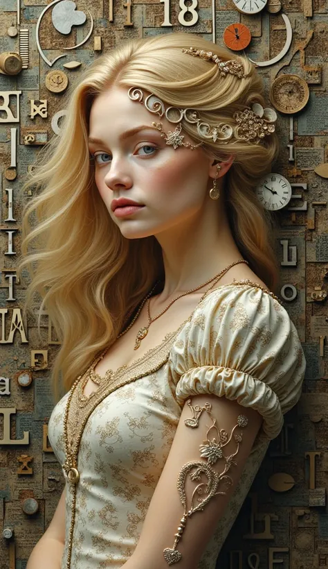 a blonde woman with thick hair, dreaming of a fantasy world, made up of typography elements, typefaces, letters, create me a beautiful woman, made of typographic characters, and old pieces of printing machines, in a fairy-tale atmospherenumbers, old paper ...