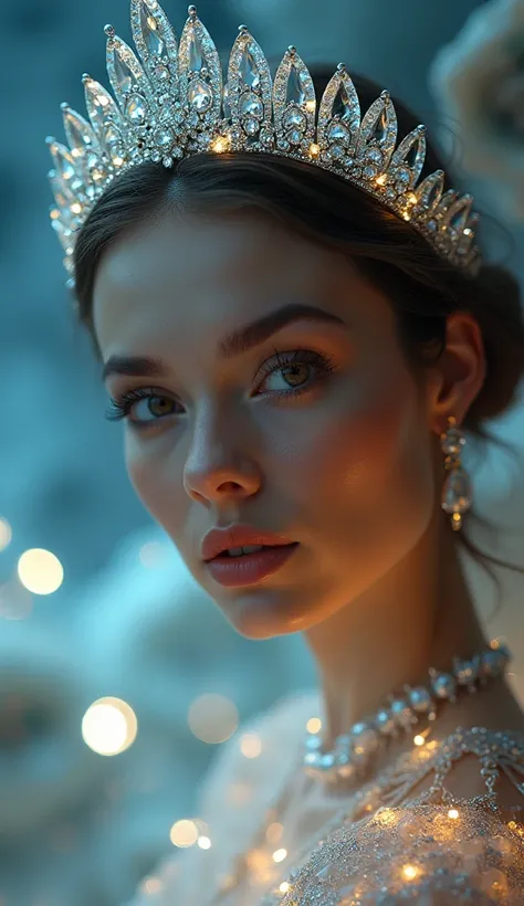 A creative shot of a woman, head and shoulders portrait, crystal tyara, iridescent geodes are on the background, haze and vapors, magical+haute couture+melancholic
