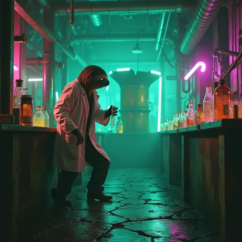 In a brutalist laboratory of solid concrete and rusted metal, illuminated by green and purple neon lights, a disturbingly sloth-turned-mad-scientist manipulates radioactive liquids. The lab coat, torn and burned, is covered in fluorescent chemical stains. ...