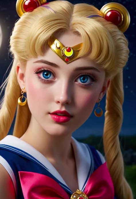 a beautiful detailed young woman in a sailor moon outfit, stunning detailed face, piercing blue eyes, long eyelashes, detailed facial features, beautiful lips, intricate blonde hairstyle, detailed sailor moon costume with ribbons and bows, photorealistic, ...