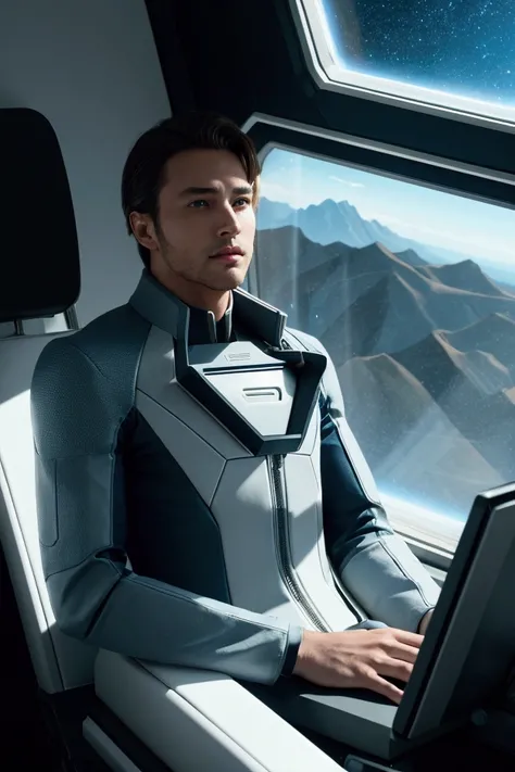 You can see the Earth outside the window of a spaceship, Handsome man wearing a futuristic sf suit, charisma, 