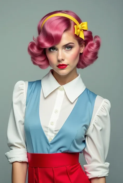 Pink flapper hair，White high neck，Light blue V-cut vest，Red mini parasol skirt，Headband with yellow ribbon on the left side，photograph