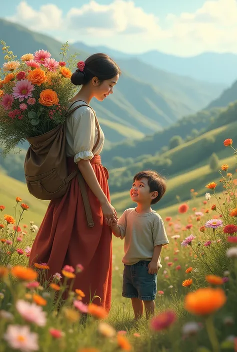 woman from the countryside, carrying flowers on her back, holding hands with her  son, flowers around her, beautiful panorama, ultra-realistic 16k