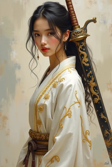 （masterpiece，【Top Quality，Best Quality，Official Art，Beauty and aesthetics）（daughter）（Very fine grain）（Perfect face）（White cloak with gold thread）（carrying a weapon on one&#39;s back，Has a dragon pattern）,Abstract painting